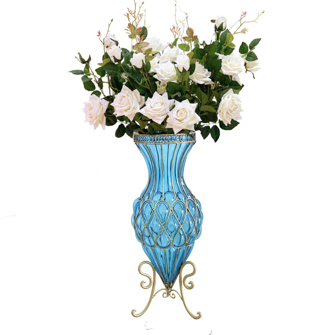 Soga 67cm Blue Glass Tall Floor Vase And 12pcs White Artificial